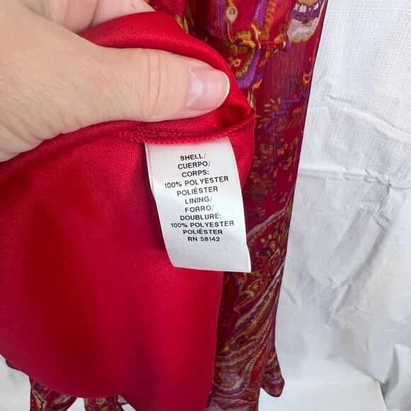 London Times Sleeveless Maxi Dress Bold Red Paisley Print Ruffled Boho Size 10 - Picture 4 of 15